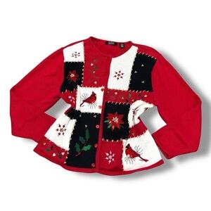 Crystal Kobe Vintage Red Cardinal Christmas Holiday Winter Cardigan Size XLarge